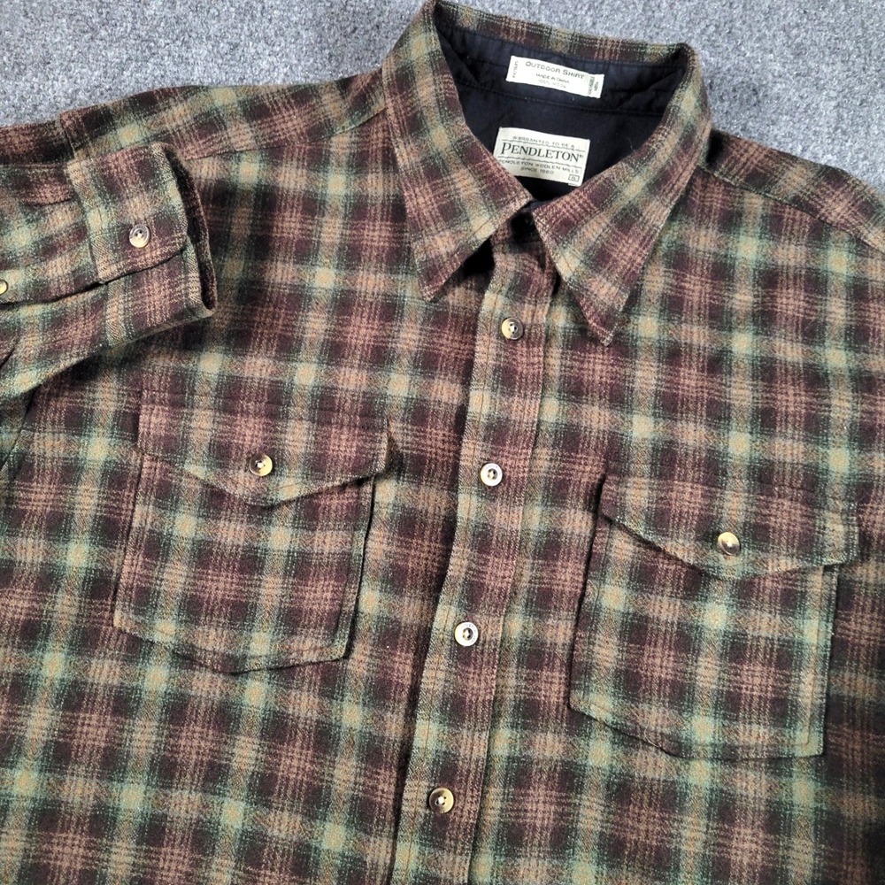 Pendleton Outdoor Shirt Mens XL Green Brown Plaid Washable Wool Button Up - Picture 1 of 9